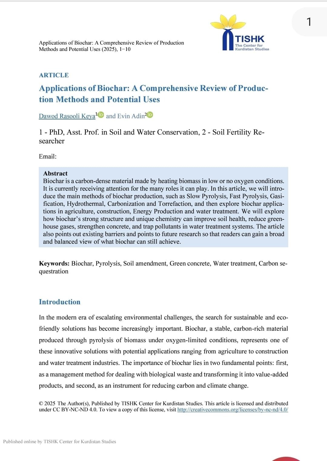 Photo of the pdf: Applications of Biochar: A Comprehensive Review of Production Methods and Potential Uses