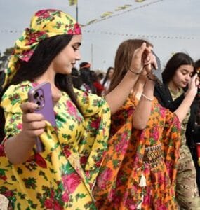 In Rojava (Kurdistan in Syria), Kurds celebrate Newroz 2024, dancing in traditional dress. Group dancing, music, and fire are central elements of the Kurdish Newroz tradition. Photo: ANF/Firat News Agency